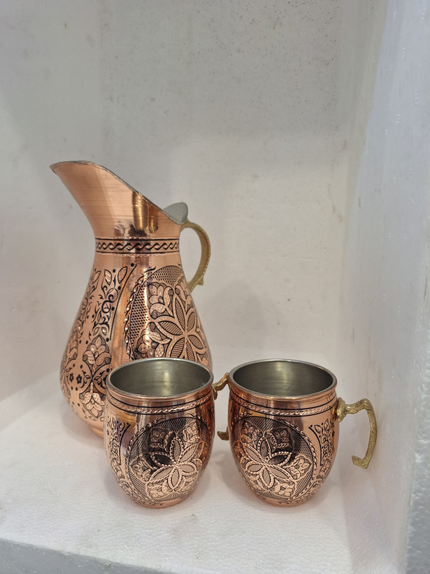 ست پارچ و لیوان مسی الماس تراش دست ساز ساخت زنجان